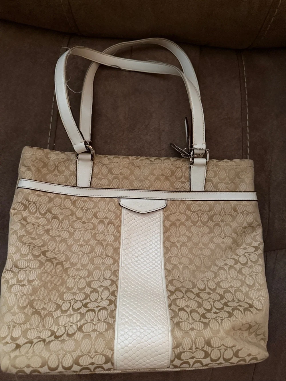 Coach Beige Signature Tote with White Leather Trim